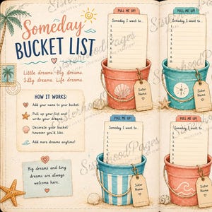 May include: A vintage-style bucket list journal with colorful buckets, each holding a list labeled "Someday I want to...". The buckets are decorated with beach-themed elements like seashells and starfish. The journal includes text about dreams.