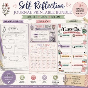 May include: A self-reflection journal printable bundle featuring three activity sheets titled One Word of the Year, Then & Now, and Currently. The pages include floral illustrations, prompt boxes, and decorative icons in a soft color palette.