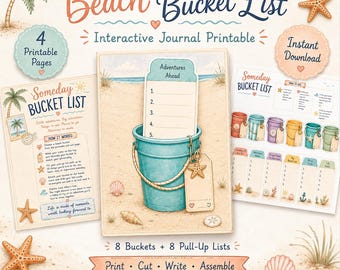 Puede incluir: Un conjunto de diario interactivo imprimible Beach Bucket List con cuatro páginas que muestran ilustraciones de un cubo color cerceta, estrellas de mar y conchas. El texto incluye Beach Bucket List, Someday Bucket List y Adventures Ahead.
