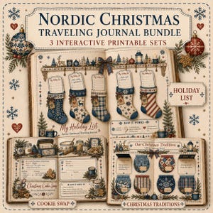 May include: A Nordic Christmas traveling journal bundle featuring three interactive printable sets. The pages display illustrations of holiday stockings, recipe cards, and Christmas traditions with text including Nordic Christmas Traveling Journal Bundle, My Holiday List, Cookie Swap, and Christmas Traditions.
