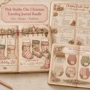 May include: A Pink Shabby Chic Christmas Traveling Journal Bundle featuring three open books with vintage-style illustrations of Christmas stockings, recipe cards for a cookie swap, and a section for holiday traditions with lift-up ornament flaps.