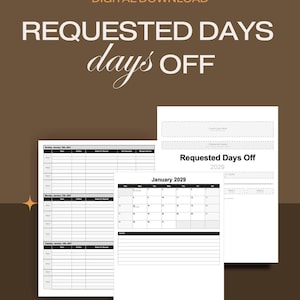 Könnte beinhalten: Digitaler Download eines Planers mit dem Text "Requested Days Off" und "days off" in einer Schreibschrift. Der Planer enthält einen Kalender für Januar 2029 und Abschnitte für Notizen und Anfragen.