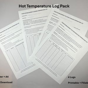 May include: A set of four white paper food safety temperature logs titled Hot Temperature Log Pack. The documents include Food Establishment Cooking, Hot-Holding, TCS Food Cooling, and TCS Food Reheating logs with tables for recording data.