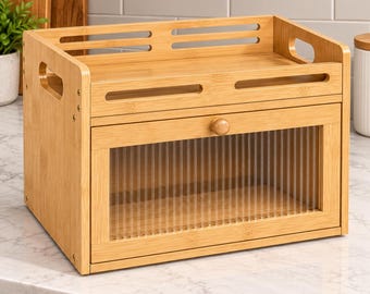 Bamboo Bread Box for Kitchen Countertop, Large Wooden Bread Storage Container with Acrylic Window, Farmhouse Bread Holder with Top Shelf