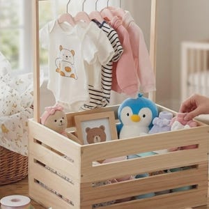 May include: A light-colored wooden crate with a hanging rack holding baby clothes, including a white bear-print bodysuit, a striped shirt, and a pink sweatshirt. Inside the crate are a plush bear, a penguin toy, and a small bear-themed picture frame.