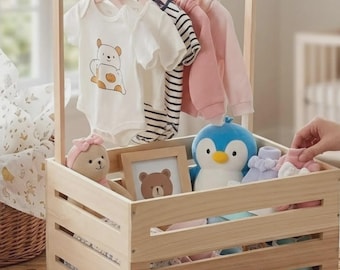 Wooden Baby Shower Crate Closet Basket with Hanger Rack Newborn Keepsake Box New Mom Gift Organizer Box Babies Welcome Gifts