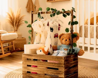 Wooden Baby Shower Basket Crate Gift Hamper Newborn Gift Keepsake Box Toddler Boy Girl Baskets Nursery Decor New Mom Toddler Birthday Gifts