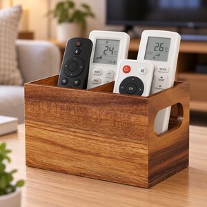 Wooden Remote Control Holder, 2 Compartment TV Remote Organizer, Handcrafted Rustic Wood Remote Caddy for Coffee Table, & Living Room