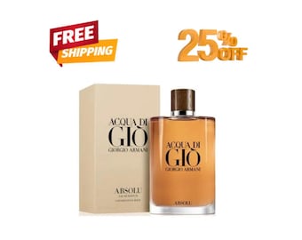 May include: A bottle of Acqua Di Gio by Giorgio Armani, with a wooden cap and a light brown liquid. The product is displayed next to its beige box. The words "Acqua Di Gio" and "Giorgio Armani" are visible on both the bottle and the box.