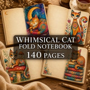 May include: A notebook with 140 pages featuring colorful cat illustrations on the open pages. The artwork depicts cats with intricate patterns, including a sleeping cat on a crescent moon, a sitting cat, a cat on a mushroom, and a cat on books.