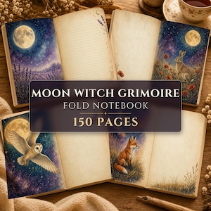 May include: A Moon Witch Grimoire fold notebook with 150 pages, featuring open spreads with illustrations of a full moon, lavender, a rabbit in a poppy field, a flying owl, and a fox, alongside lined and blank parchment-style pages for writing.