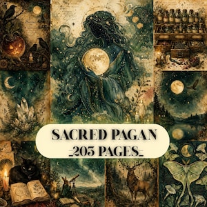 May include: A collage of dark, mystical illustrations featuring a central figure holding a moon, a black cat with an open book, a deer in a forest, a moth, and apothecary jars. The text SACRED PAGAN -203 PAGES- is centered in a white oval.