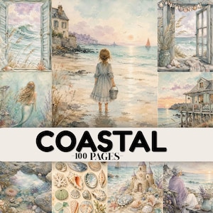 Op de afbeelding: Een verzameling aquarelillustraties met een kustthema, waaronder een kind op het strand, een zeemeermin, kusthuisjes, een zandkasteel en diverse schelpen. De tekst COASTAL 100 PAGES staat in dikke zwarte letters in het midden van de afbeelding.