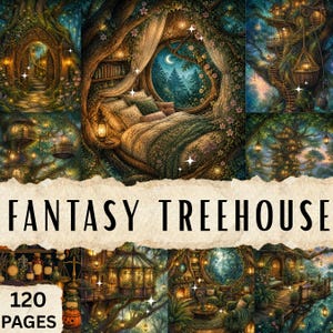 May include: A collection of 120 pages featuring illustrations of fantasy treehouses, including interior bedroom scenes with circular windows, exterior tree dwellings with lanterns, and shelves with glass bottles, labeled FANTASY TREEHOUSE.