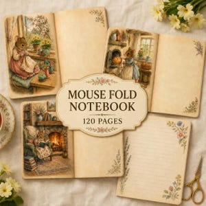Może przedstawiać: Notatnik Mouse Fold Notebook ze 120 stronami, zawierający papier w kolorze kremowym, ilustracje w stylu vintage przedstawiające myszy w domowym otoczeniu, kwiatowe akcenty w rogach oraz liniowane strony. Etykieta zawiera tekst Mouse Fold Notebook 120 Pages.