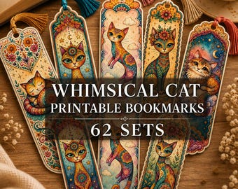 May include: A collection of vertical rectangular bookmarks featuring colorful cat illustrations with intricate patterns, stars, and floral motifs. Each bookmark has a decorative top edge and a colored tassel. Text reads: WHIMSICAL CAT PRINTABLE BOOKMARKS 62 SETS.