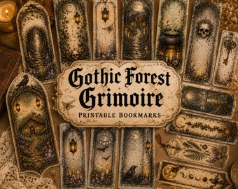 Gothic Forest Grimoire Printable Bookmarks Bundle | Dark Academia Witchy Bookmark PNG PDF | Junk Journal Ephemera