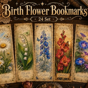 Op de afbeelding: Een set van 24 rechthoekige bladwijzers met illustraties van geboortebloemen, gelabeld per maand. De zichtbare bladwijzers tonen de madelief voor april, het lelietje-van-dalen voor mei, ridderspoor voor juli, gladiool voor augustus en ochtendglorie voor september.