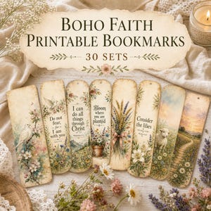 May include: A collection of rectangular paper bookmarks featuring vintage-style illustrations of doves, lambs, wildflowers, and wheat. Each bookmark displays inspirational text such as 'Do not fear, I am with you' and 'Bloom where you are planted'.