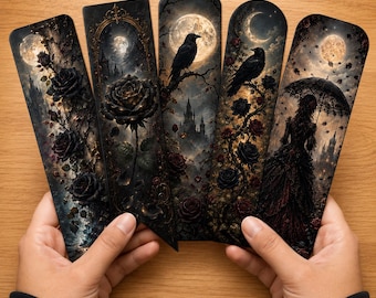 Juego de marcapáginas góticos imprimibles, 52 marcapáginas de fantasía oscura, Rosa Negra y Cuervo, Estilo Academia Oscura Victoriana, Descarga Digital