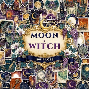 Witch Junk Journal Ephemera Kit Printable, Moon Grimoire Pockets Tags Folders Envelopes, Watercolor Book of Shadows Embellishments