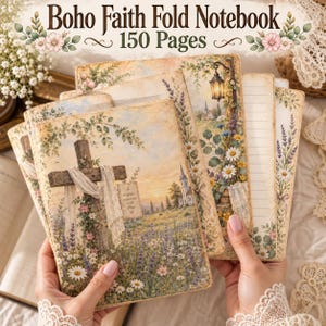 May include: A Boho Faith Fold Notebook with 150 pages, featuring a vintage-style illustration of a wooden cross draped in white fabric, a church, and a field of wildflowers. The cover includes the text A brighter tomorrow with Him.