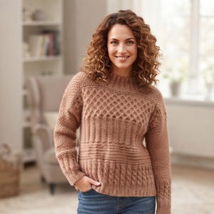 Sweater Knit Jumper - Textured Mock Neck Long Sleeve Pullover, Cozy Winter Wool Knitwear, Handmade Style Women Top PDF Pattern