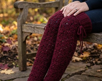 Lacy Thigh High Crochet Leg Warmers Pattern (PDF), Lace-Up Stockings Tutorial