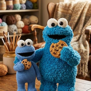 May include: Two blue plush monster dolls with large white eyes and black pupils. The smaller doll is made of smooth crochet stitches, while the larger doll has a fuzzy texture. Both dolls are holding a brown chocolate chip cookie in their hands.