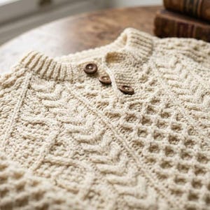 May include: A cream-colored knit sweater featuring a complex cable-knit pattern with vertical braided textures and diamond-shaped lattice designs. The garment includes a ribbed crew neckline and a short placket secured by three small brown buttons.