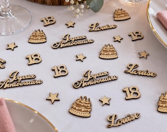 Personalized wooden birthday table confetti – Name, age, cake, stars – Birthday decoration