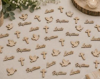 Personalized Wooden Baptism Table Confetti – Name, Cross, Dove and the Word “Baptism” – Baptism Decoration for a Boy or Girl