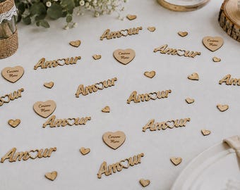 Personalized Wooden Wedding Table Confetti – Engraved "Love" Word & Hearts – Romantic Table Decoration – Bride and Groom's Names