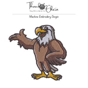May include: A machine embroidery design featuring a cartoon bald eagle with brown feathers, a white head, and a yellow beak and feet. The eagle is gesturing with one wing. Above the eagle, the text reads Thread Charm Every stitch is a step color to art and Machine Embroidery Desgin.