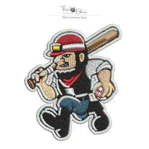May include: An embroidered patch featuring a cartoon baseball player with a beard, wearing a red and white cap, a black shirt, and blue trousers. The character holds a brown baseball bat over the shoulder and carries a white baseball in one hand.