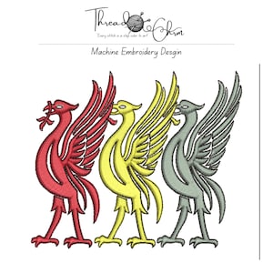 May include: A machine embroidery design featuring three Liver bird motifs in red, yellow, and grey, each with wings raised and a sprig in its beak. The top text reads Thread Charm, Every stitch is a step color to art, and Machine Embroidery Desgin.