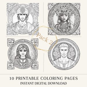 May include: A set of four black and white line art illustrations featuring portraits of individuals in circular floral frames. The text Pack 2 is centred in a gold hexagon. The bottom text reads 10 PRINTABLE COLOURING PAGES INSTANT DIGITAL DOWNLOAD.