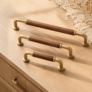 Modern Walnut Wood Cabinet Handles | Brass, Black Drawer Pulls | Minimalist Furniture Hardware