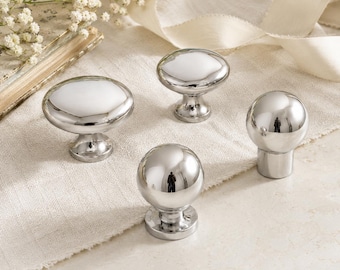 French Silver Brass Cabinet Knobs – Polished Chrome Drawer Pulls – Elegant Mushroom & Ball Style Hardware – Set of 4