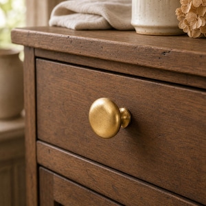 May include: A round, brushed gold cabinet knob attached to a dark brown wooden drawer. The knob features a smooth, convex surface with a metallic finish, centered on the front panel of the drawer, which displays a visible wood grain texture.
