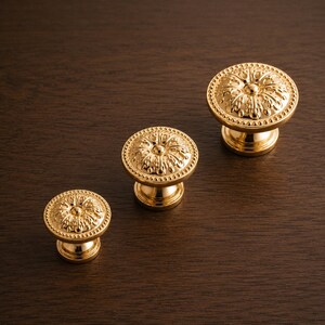 Gold Brass Cabinet Knobs, Ornate Round Drawer Pulls, Vintage Floral Dresser Handles for Cabinets Wardrobe