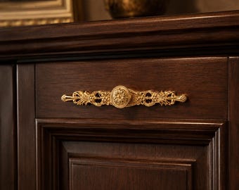 Ornate Gold Brass Pulls, Vintage French Drawer Hardware for Dresser Wardrobe
