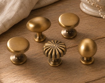 Vintage Brushed Brass Cabinet Knobs | Single Drawer Knob Hardware, Multiple Sizes