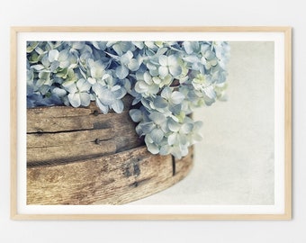 Blue Hydrangeas Flower Photography - Modern Rustic Farmhouse Decor, Print or Canvas Wall Art, French Country Cottage Decor 'Faded Denim'