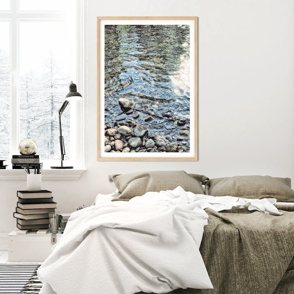 Calming Water Wall Art - River Rocks, Nautical Blue Bedroom or Bathroom Prints or Canvas Artwork