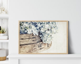 Modern Farmhouse Wall Decor - Neutral Art, Light Blue Flower Print or Canvas, Rustic Country Decor 'Faded Denim No. 2'