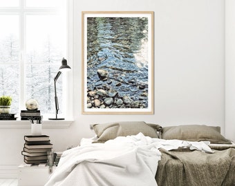 Calming Water Wall Art - River Rocks, Nautical Blue Bedroom or Bathroom Prints or Canvas Artwork