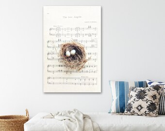 Nursery Wall Decor - Bird Nest with Eggs, Vintage Sheet Music, Two Angels Vertical Art Prints & Canvas Artwork