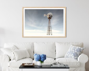 Industrial Farmhouse Wall Decor - Farm & Ranch Windmill, Blue and Gray Art Print or Canvas Artwork