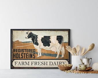 Farmhouse Kitchen Wall Art Decor - Farm Fresh Dairy Sign, Farm Art, Rustic Cow Print or Canvas Artwork